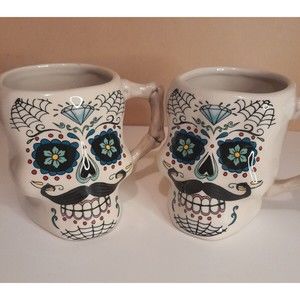 Set (2) Day Of The Dead Sugar Skull Skeleton Mugs Cracker Barrel Stoneware